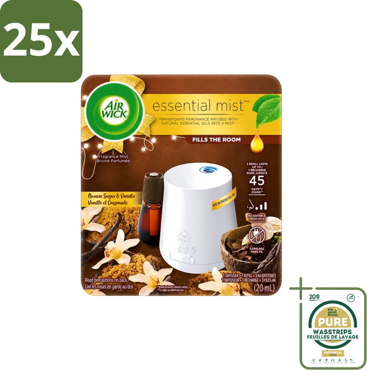 25 x Air Wick Essential Mist - Elektrische Geurverspreider - Starterkit - Vanille & Bruine Suiker - 20ml - Wasstrips - Geurverspreider - Vanille - Bruine Suiker - Essentiële Oliën - Warme Geur