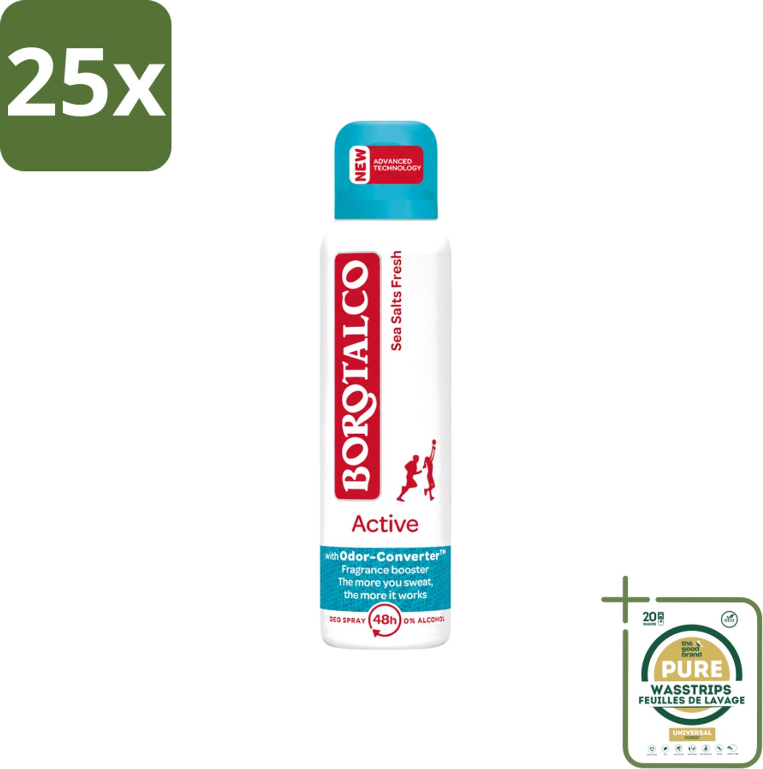 25 x Borotalco - Deodorant Spray - Active - Sea Salts Fresh - 0% Alcohol - 150 ml - Wasstrips - Zweetgeur Bestrijding - Zeezout Geur - Deodorant Spray - Frisse Geur - Gevoelige Huid