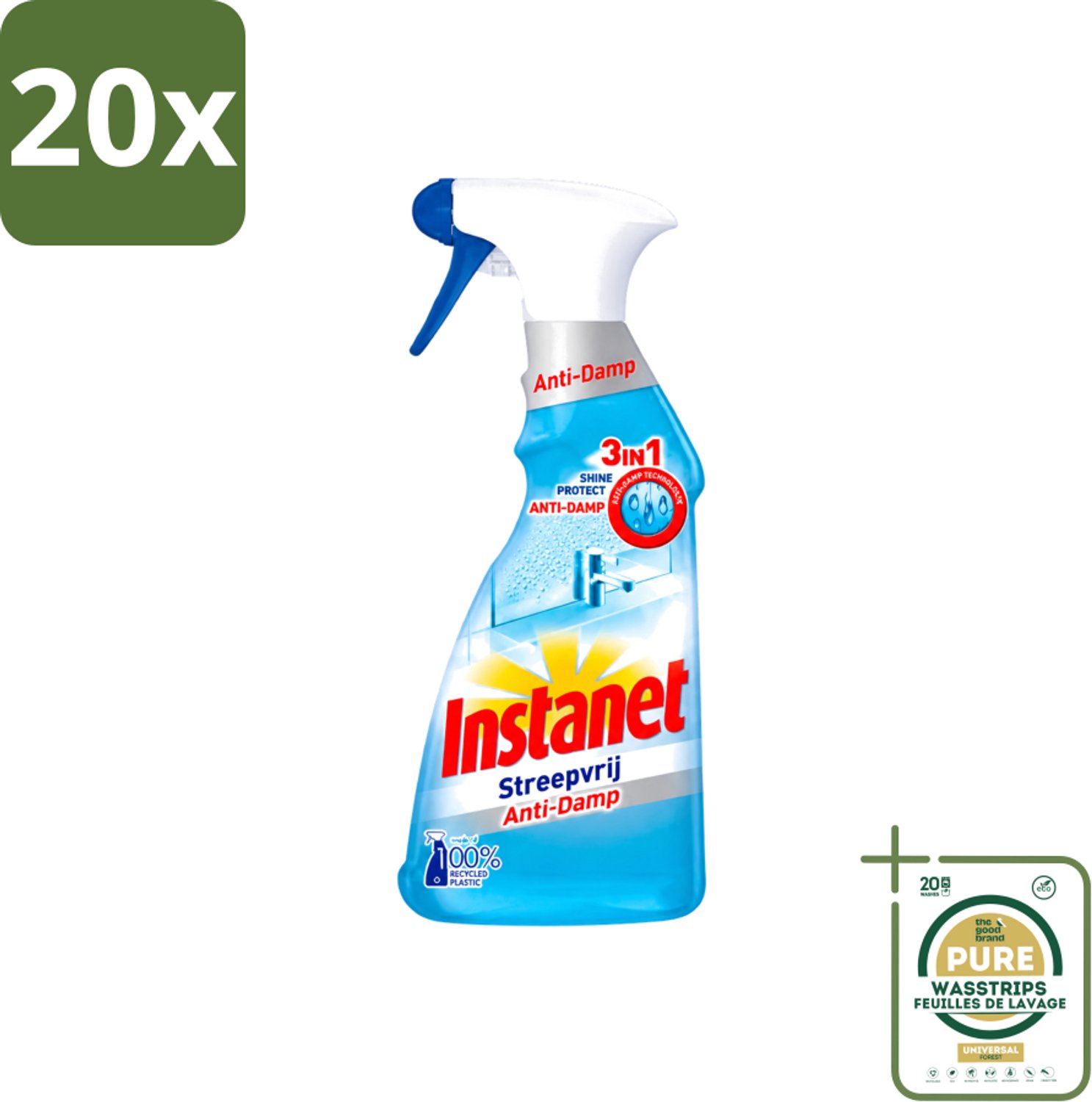 20 x Instanet - Schoonmaakspray - Anti-Damp - Streepvrij - 3in1 - 500 ml - Wasstrips - Schoonmaak Spray - Anti-damp - Streepvrij - Ramen Reinigen - Glanzend Resultaat