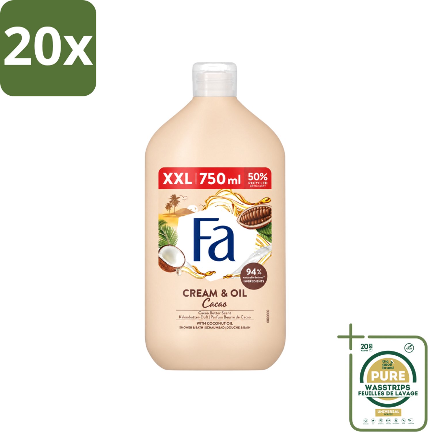 20 x Fa - Cream & Oil Cacao - Bad- & Douchegel - Cacaoboter Met Kokosolie - 750 ml - Wasstrips - Bad En Douche Gel - Cacaoboter - Kokosolie - Huid Verzorging - Hydraterende Gel