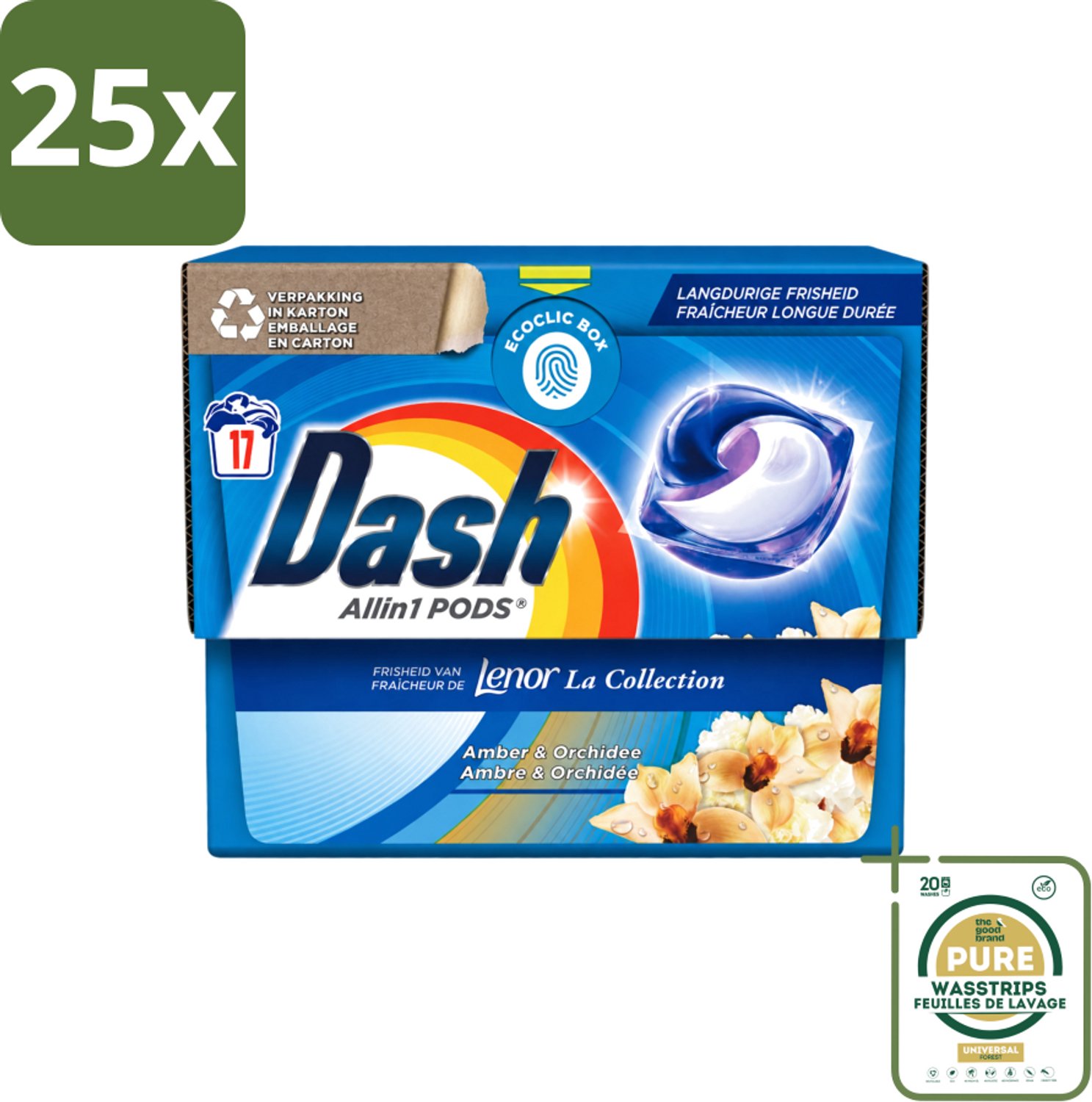 25 x Dash - Lenor Collectie - Wasmiddel Capsules - All-in-1 Pods - Witte en Gekleurde Was - Amber & Orchidee - 17 Wasbeurten - Wasstrips - Wasmiddel Capsules - Wasbeurt - Vlekverwijdering - Geur - Wasmachine
