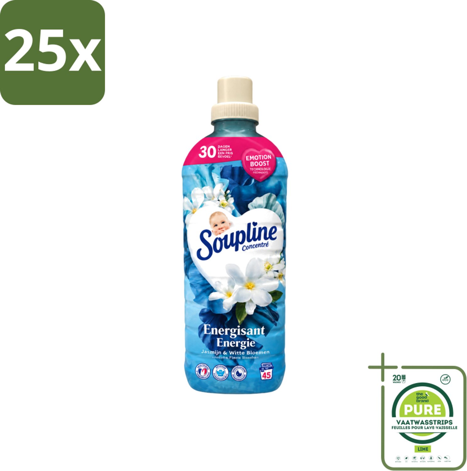 25 x Soupline – Wasverzachter – Energie Jasmijn & Witte Bloemen – 950 ml - Grootverpakking - Vaatwasstrips - Wasverzachter - Jasmijn - Witte Bloemen - Fris - Energie