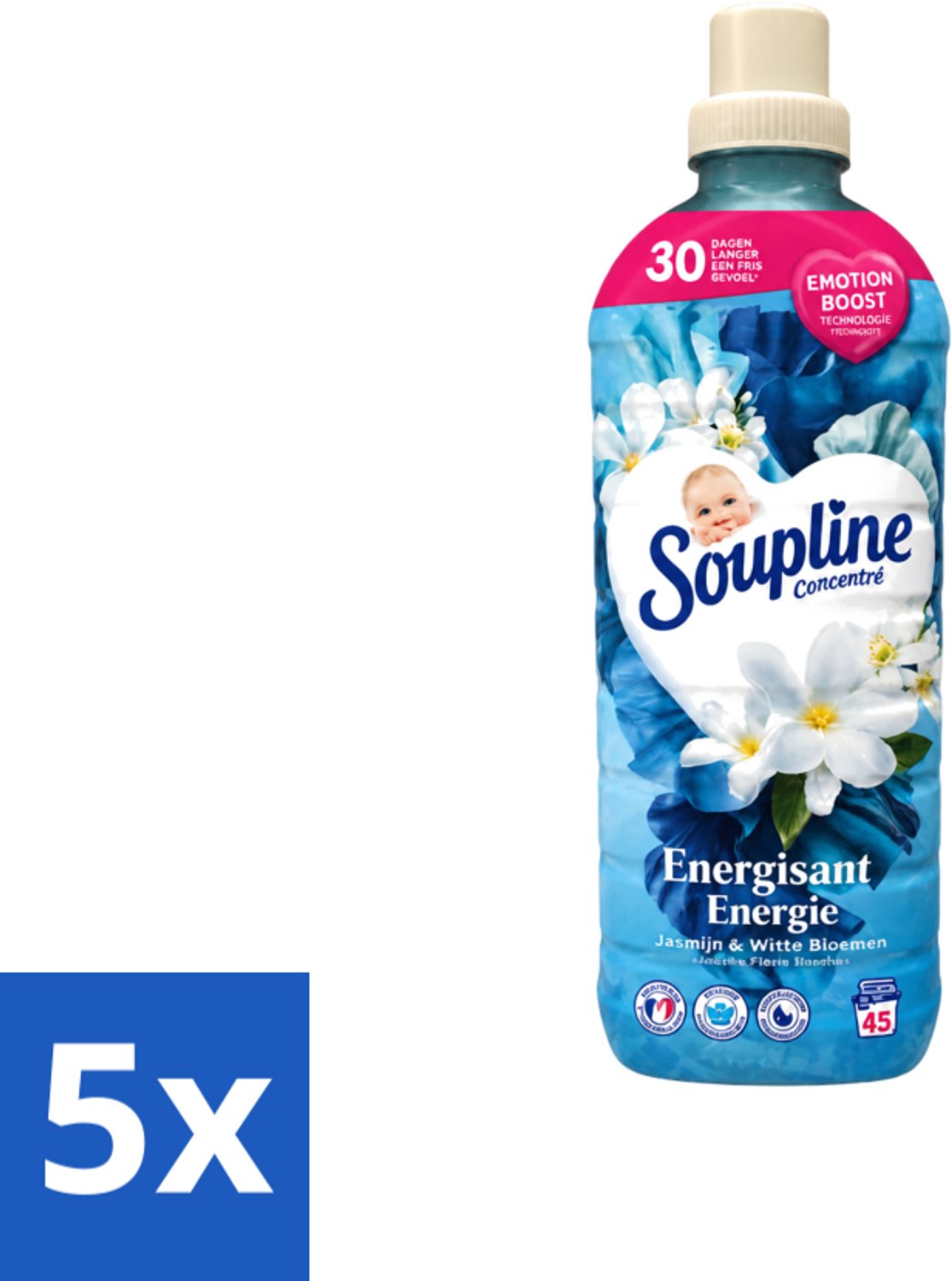 5 x Soupline – Wasverzachter – Energie Jasmijn & Witte Bloemen – 950 ml - Voordeelverpakking - 5 stuks