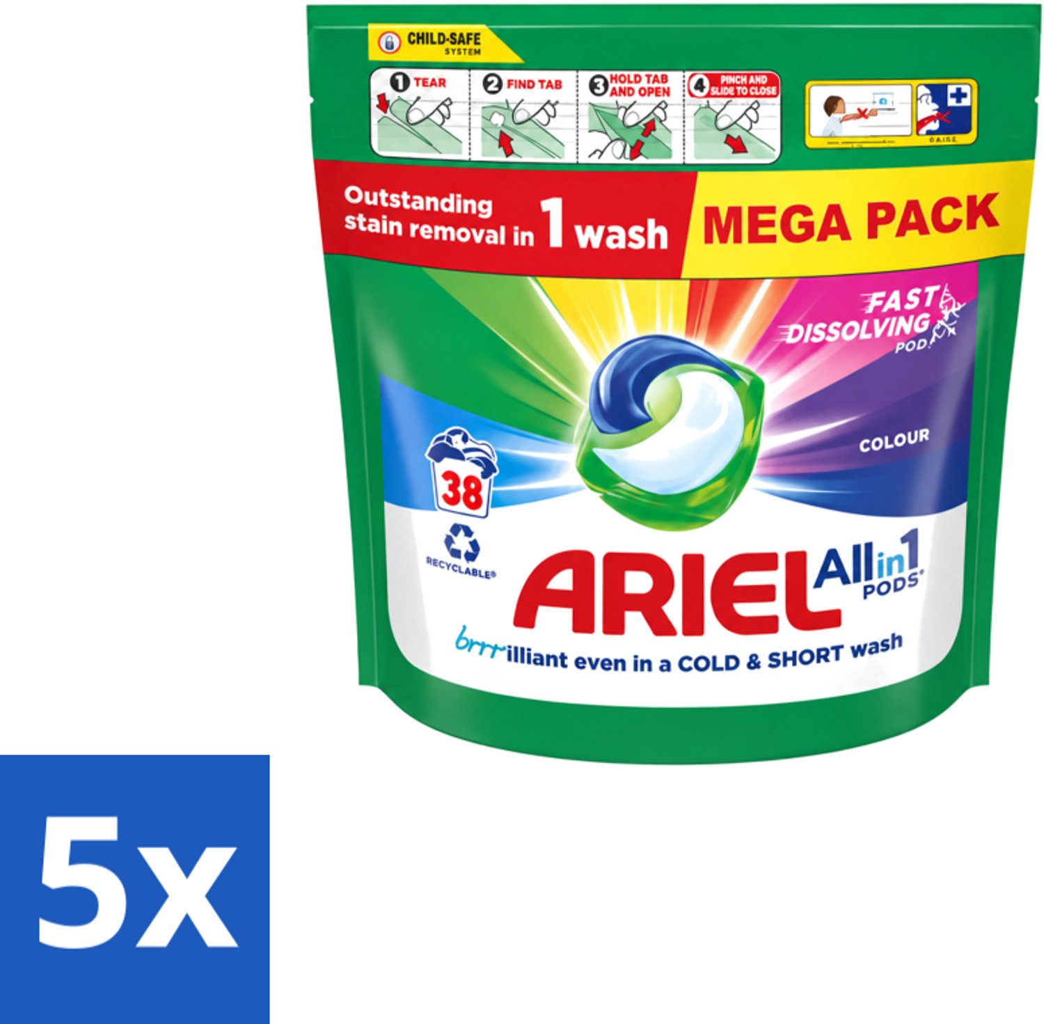 5 x Ariel – Pods All-in-1 – Color – 38 wasbeurten - Voordeelverpakking - 5 stuks