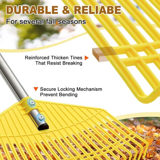 Handvat 190 cm hark, 23 sterke tanden, kunststof kop, struikhark, 42 cm breed, tuinhark voor gazon, bladeren, geel — afbeelding 3