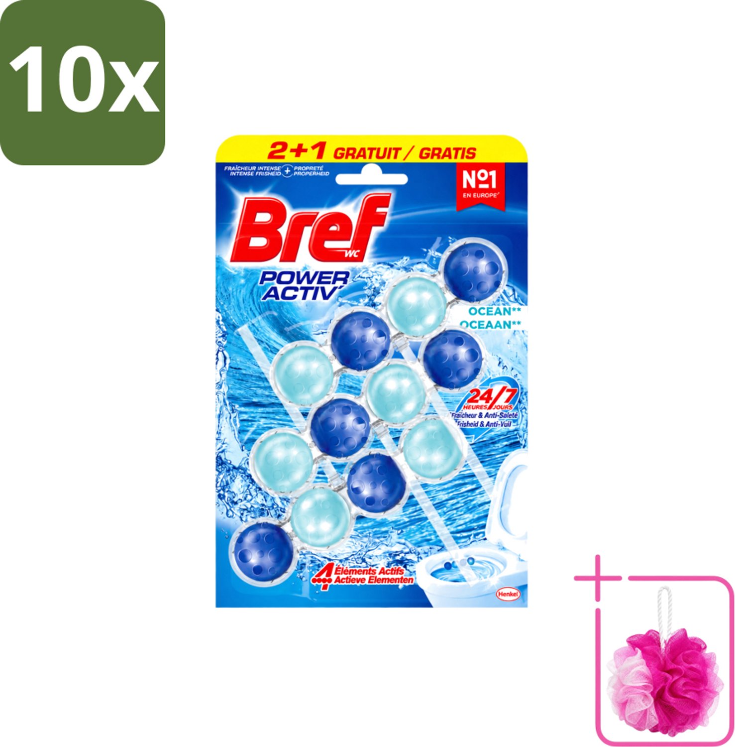 10 x Bref – Toiletblok – Power Aktiv Ocean – Multipack - Bulkverpakking - Toiletblok multipack - Douchemop - Anti-kalk toiletblok