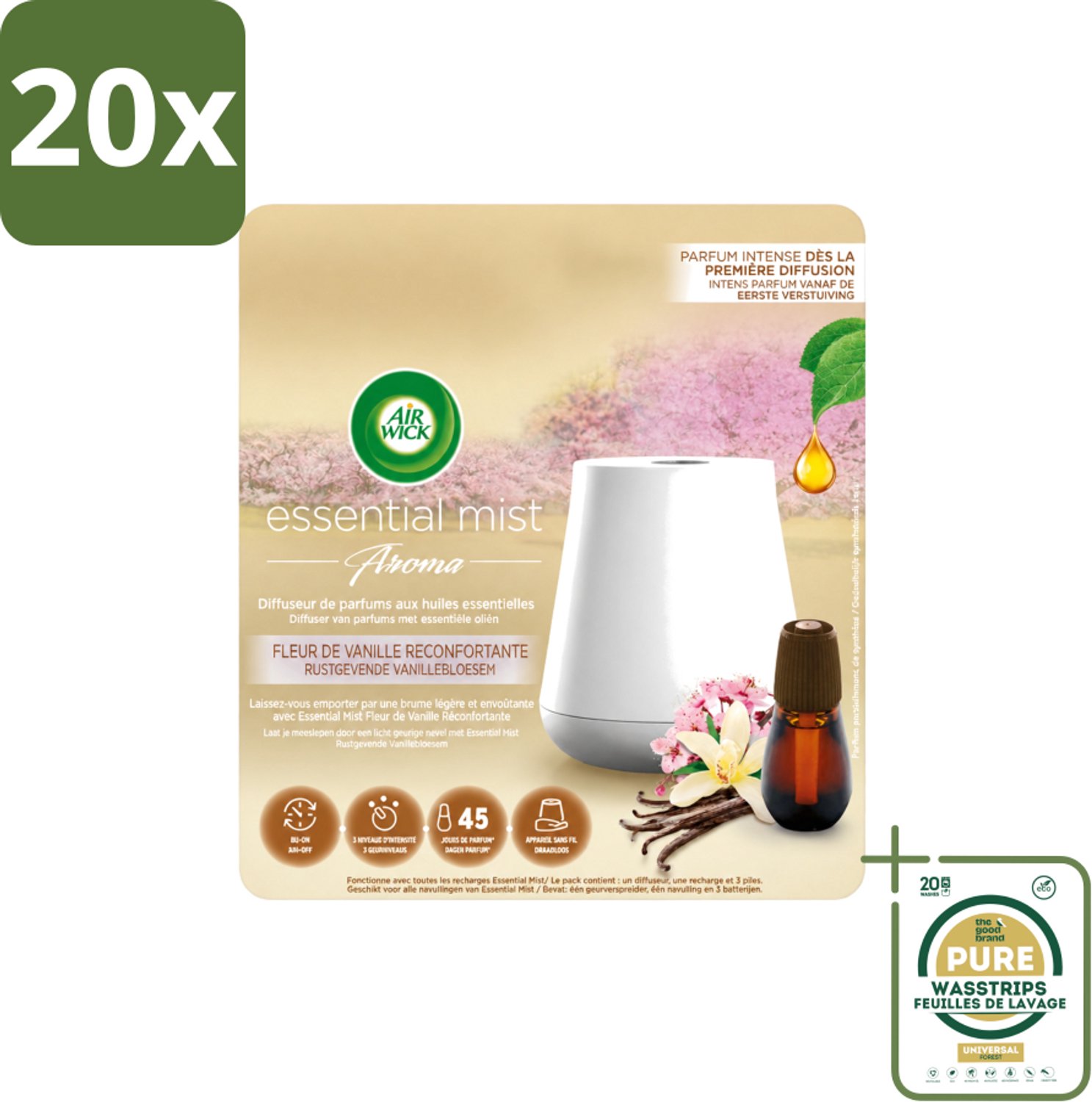 20 x Air Wick Essential Mist - Elektrische Geurverspreider - Starterkit - Rustgevende Vanillebloesem - 20ml - Wasstrips - Geurverspreider - Vanillebloesem - Rustgevende Geur - Essentiële Oliën - Warme Geur