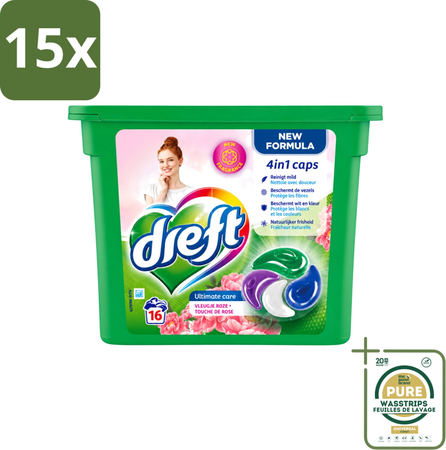 15 x Dreft - Nieuwe Formule - Wasmiddelcapsules 4in1 - Witte en Gekleurde Was - Vleugje Roze - 16 Wasbeurten - Wasstrips - Wasmiddelcapsules - Wasbeurten - Kleurbescherming - Frisheid - Wasgoed