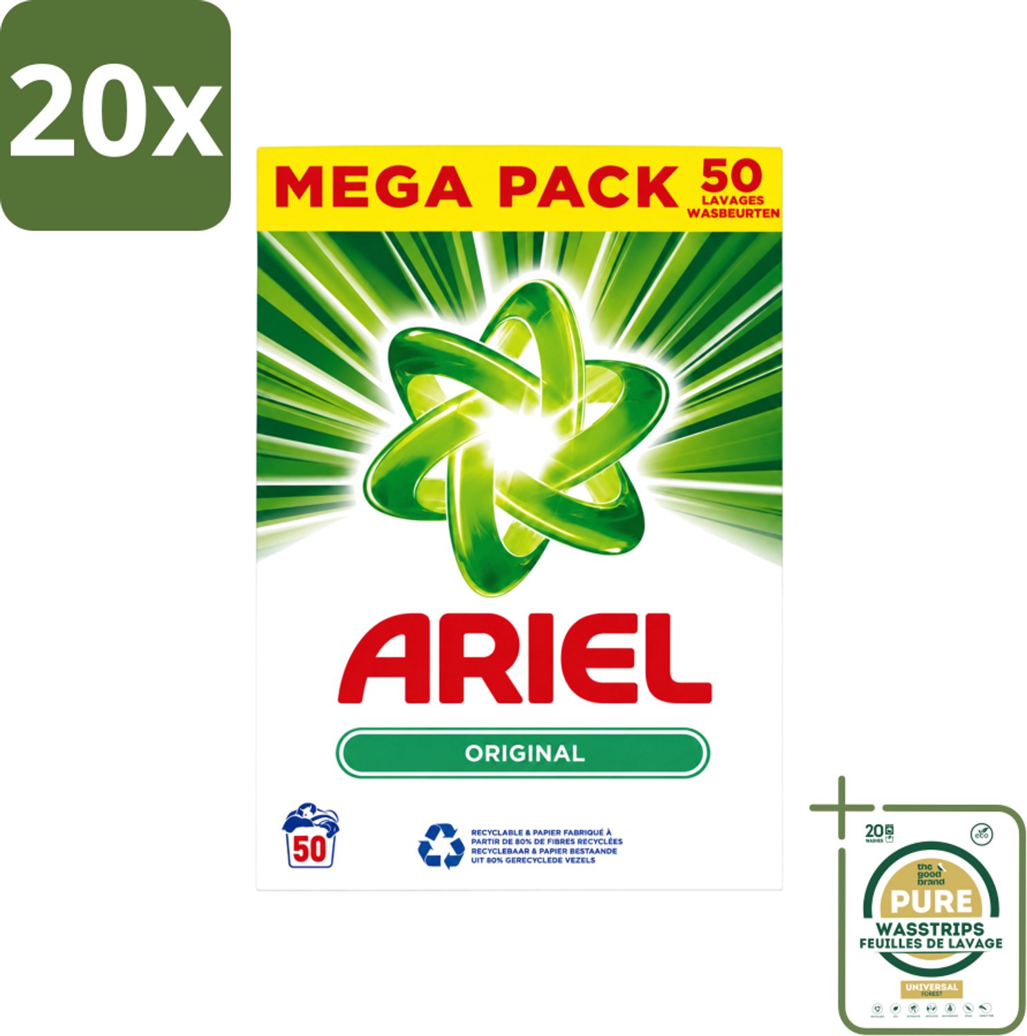 20 x Ariel Original - Waspoeder - Witte en Lichtgekleurde Was - 50 Wasbeurten - Wasstrips - Waspoeder - Reiniging - Wasmachine - Energiebesparing - Milieuvriendelijk