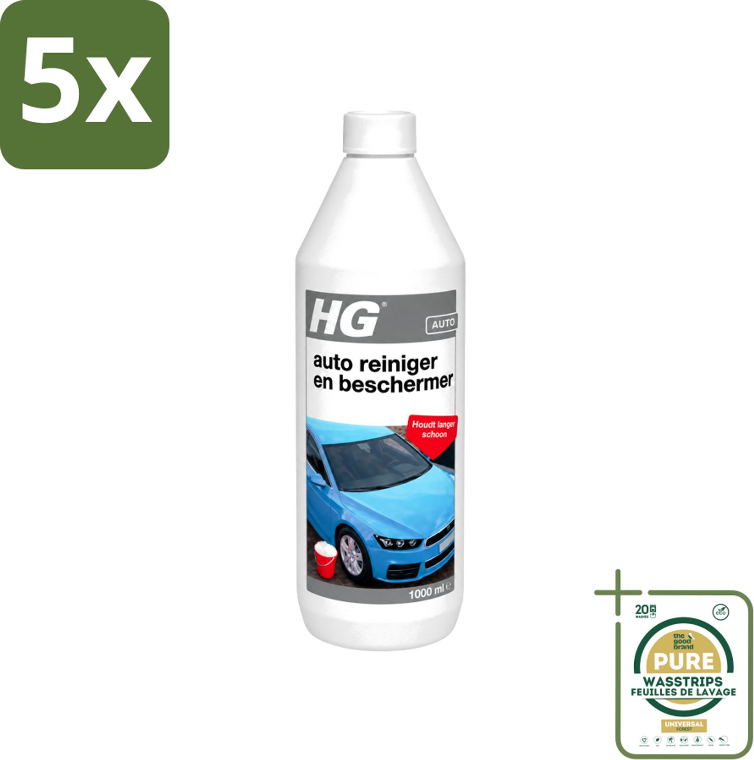 5 x HG - Autoreiniger & Beschermer - Houdt Langer Schoon - 50 tot 60 Wasbeurten - 1L - Wasstrips - Autoreiniger - Autobeschermer - Waxcomponenten - Auto Was - Auto Glans