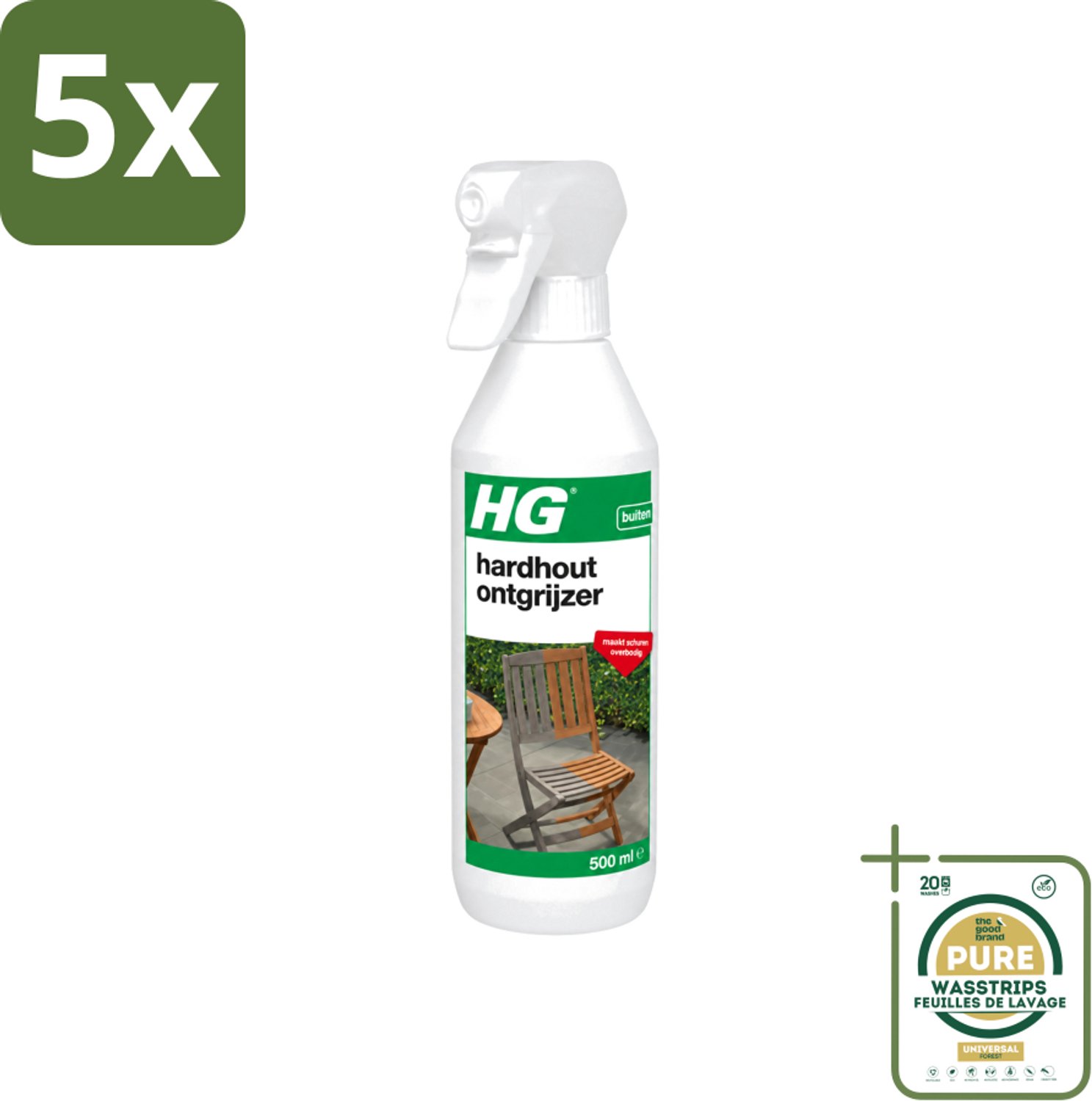 5 x HG - Buiten - Hardhout Ontgrijzer - Maakt Schuren Overbodig - 500 ml - Wasstrips - Hardhout Ontgrijzen - Tuinmeubel Reinigen - Vergrijzing Verwijderen - Hout Reinigen - Schuren Vermijden