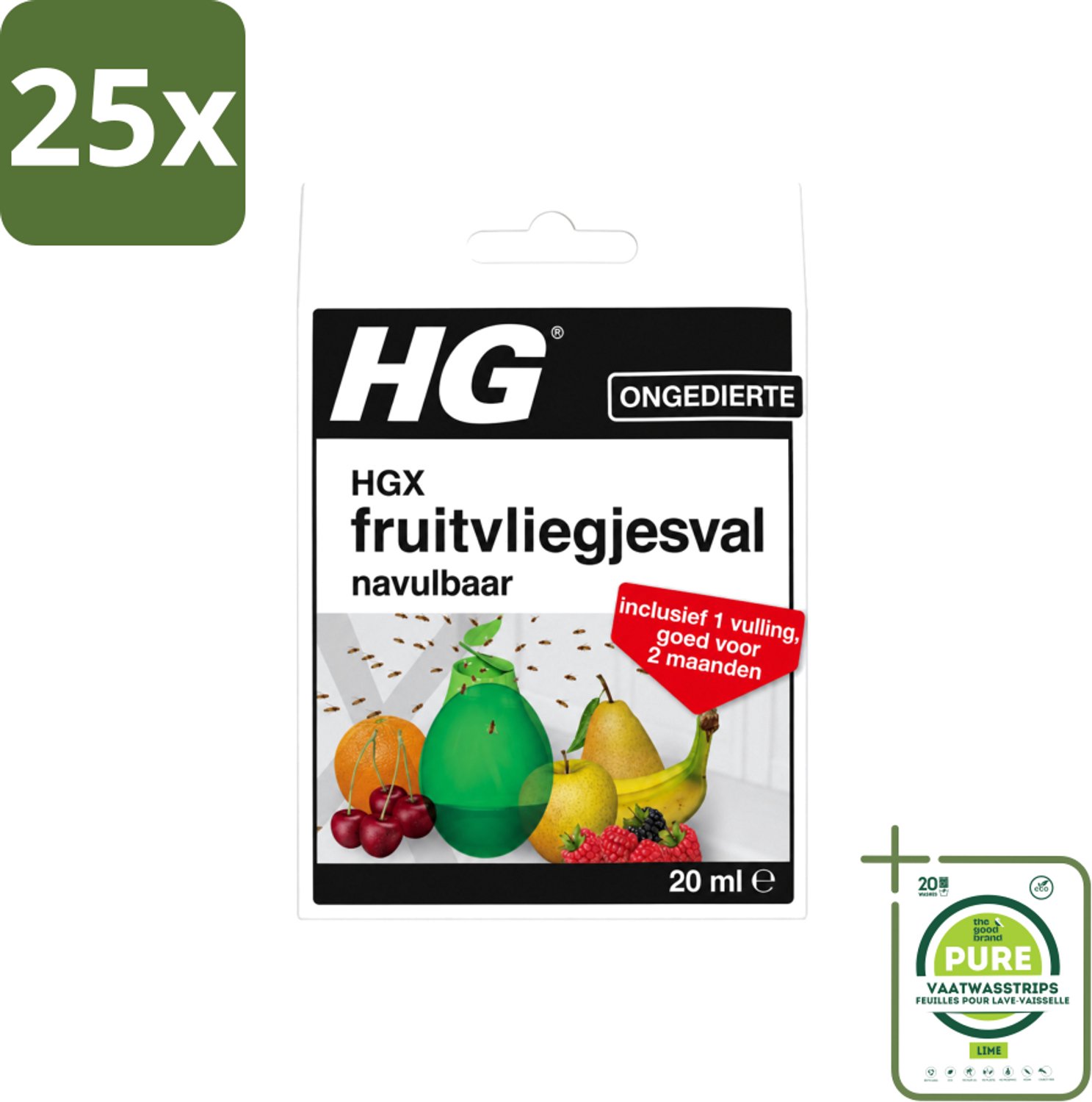 25 x HG X - Ongedierte - Fruitvliegjesval Navulbaar - Inclusief 1 Vulling - 20 ml - Grootverpakking - Vaatwasstrips - Fruitvliegjesval - Fruitvliegjes Bestrijding - Fruitvliegjes Bestrijding Zomer - Fruitvliegjesvrij - Fruitvliegjes Val