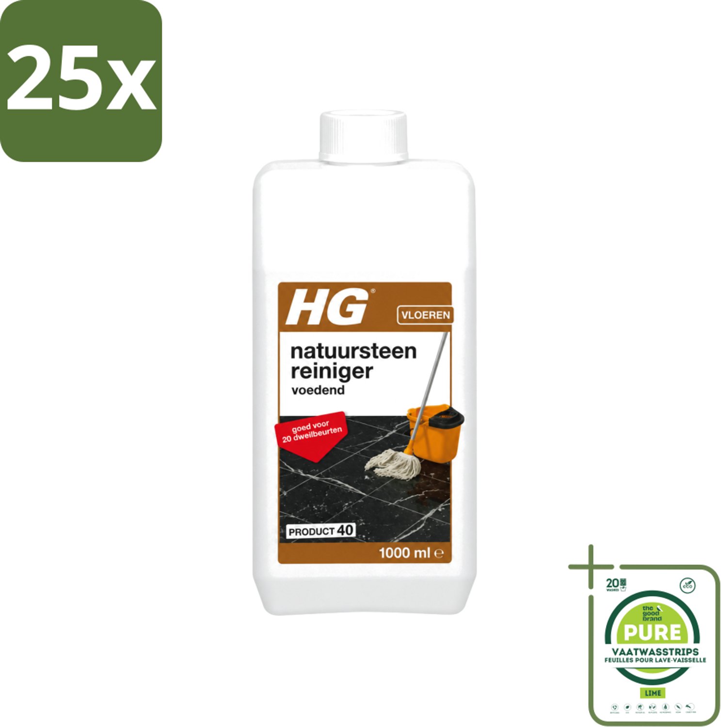 25 x HG - Natuursteenreiniger - Hydraterend - Voor Regelmatige Reiniging - 20 Dweilbeurten - 1L - Grootverpakking - Vaatwasstrips - Natuursteen Reinigen - Marmer Reinigen - Natuursteen Voeden - Vloer Reinigen - Dweilreiniger