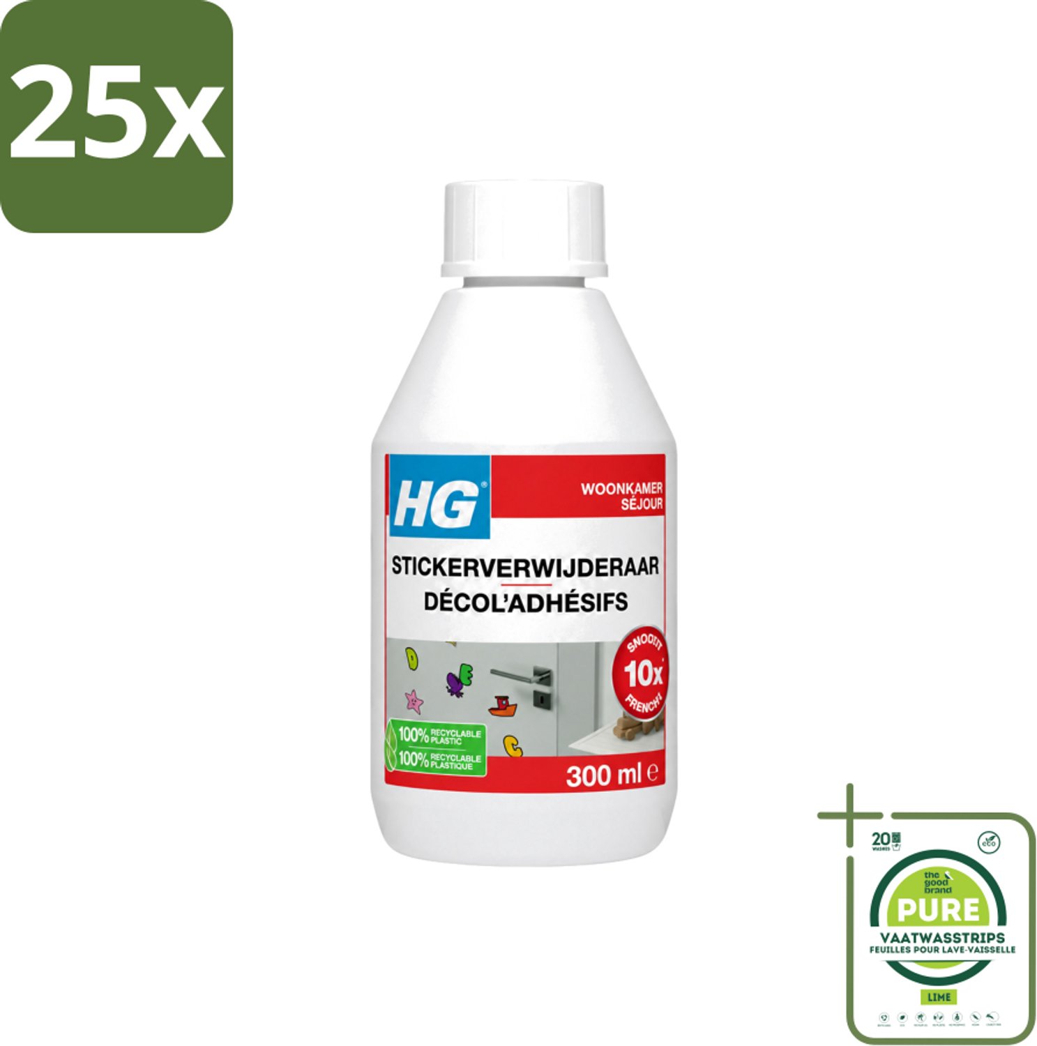 25 x HG - Stickerverwijderaar - Meest Effectief - Verwijdert Eenvoudig - 300 ml - Grootverpakking - Vaatwasstrips - Stickerverwijderaar - Stickerlijm Verwijderen - Hakstrepen Verwijderen - Teerspatten Verwijderen - Smeervlekken Verwijderen