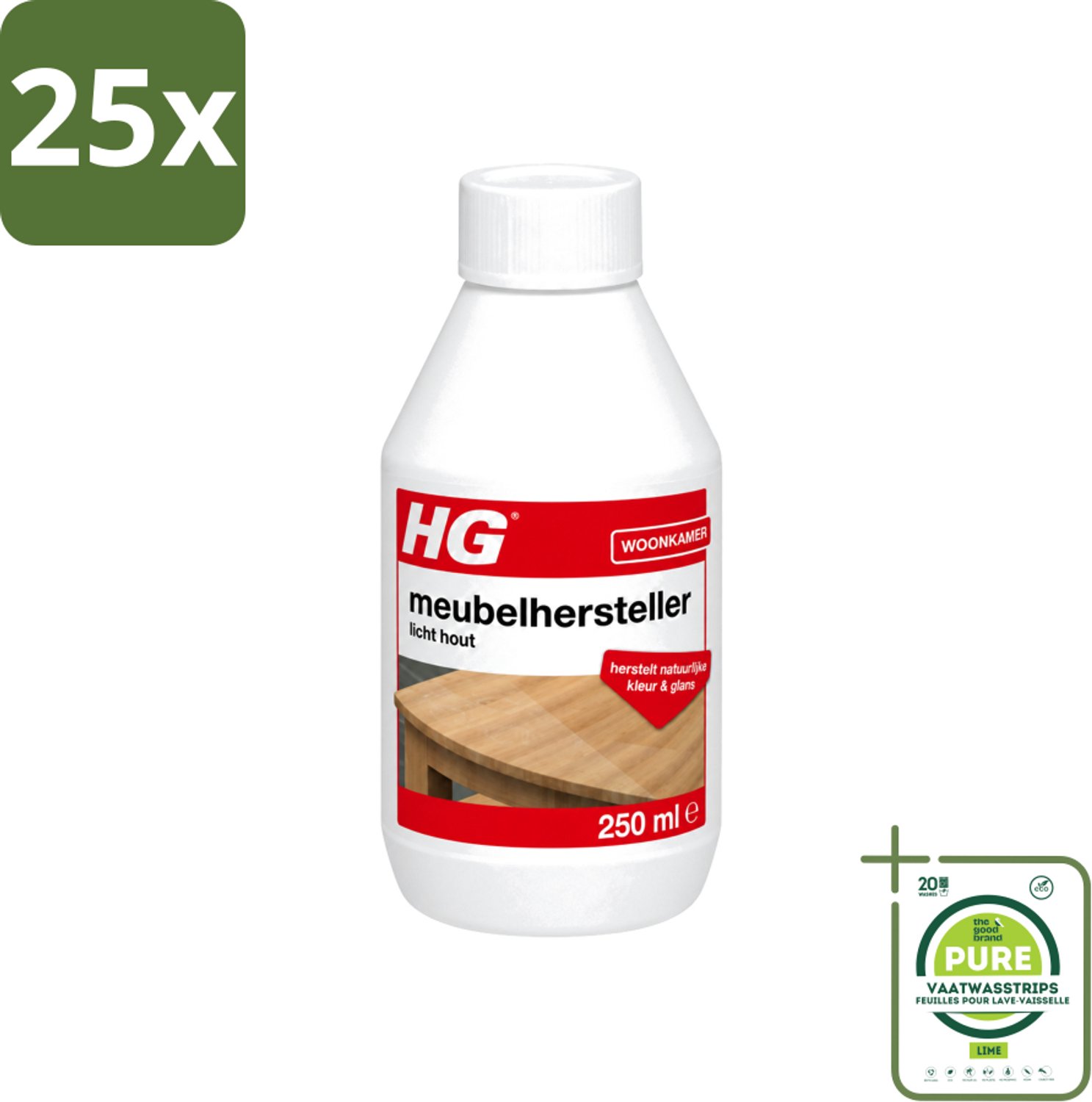 25 x HG - Meubelhersteller Licht Hout - Herstelt Natuurlijke Kleur & Glans - 250 ml - Grootverpakking - Vaatwasstrips - Houtverzorging - Hout Herstellen - Hout Reinigen - Hout Kleuren Herstellen - Hout Krassen Verbergen