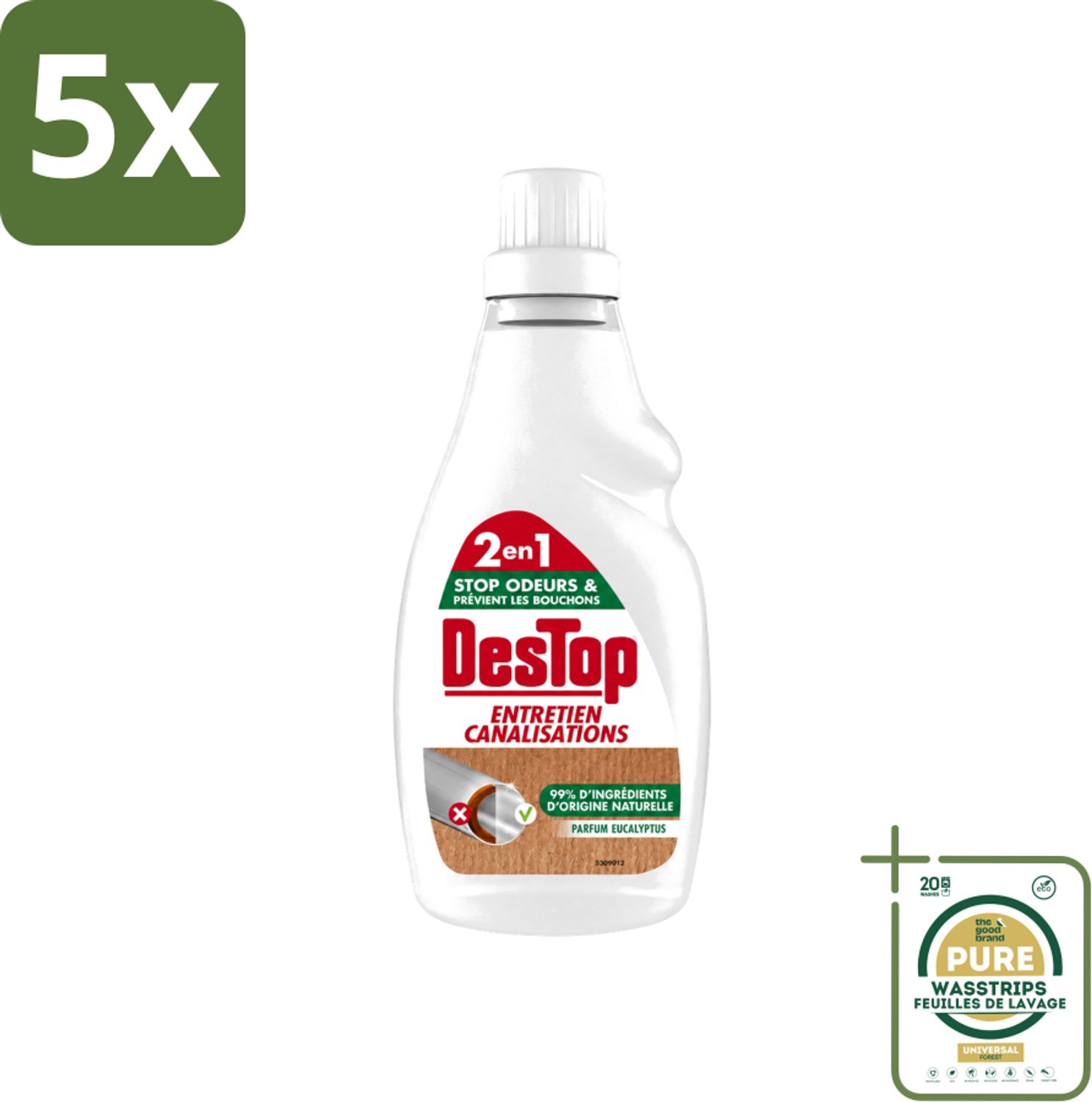 5 x DesTop - Onderhoud Leidingen - Ecologisch met Witte Azijn - Natuurlijke Ingrediënten - Eucalyptusgeur - 750 ml - Wasstrips - Leidingen Onderhouden - Ecologisch Onderhoud - Witte Azijn - Natuurlijke Reiniging - Eucalyptusgeur