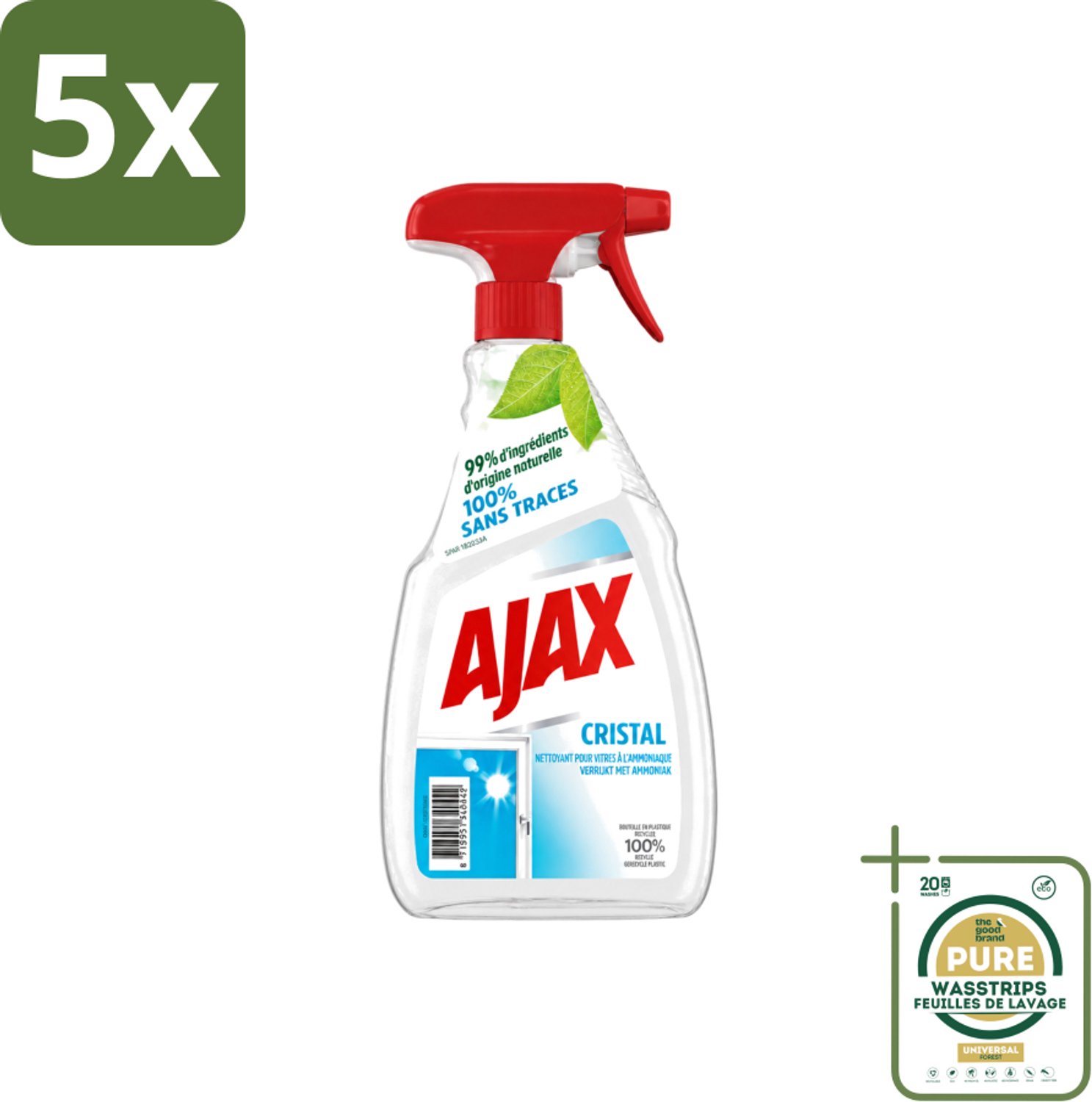 5 x Ajax - Ruitenreiniger - Cristal - Spray Met Ammoniak - 750 ml - Wasstrips - Ruitenreiniger - Ammoniak - Streeploos - Ruiten Reinigen - Glans
