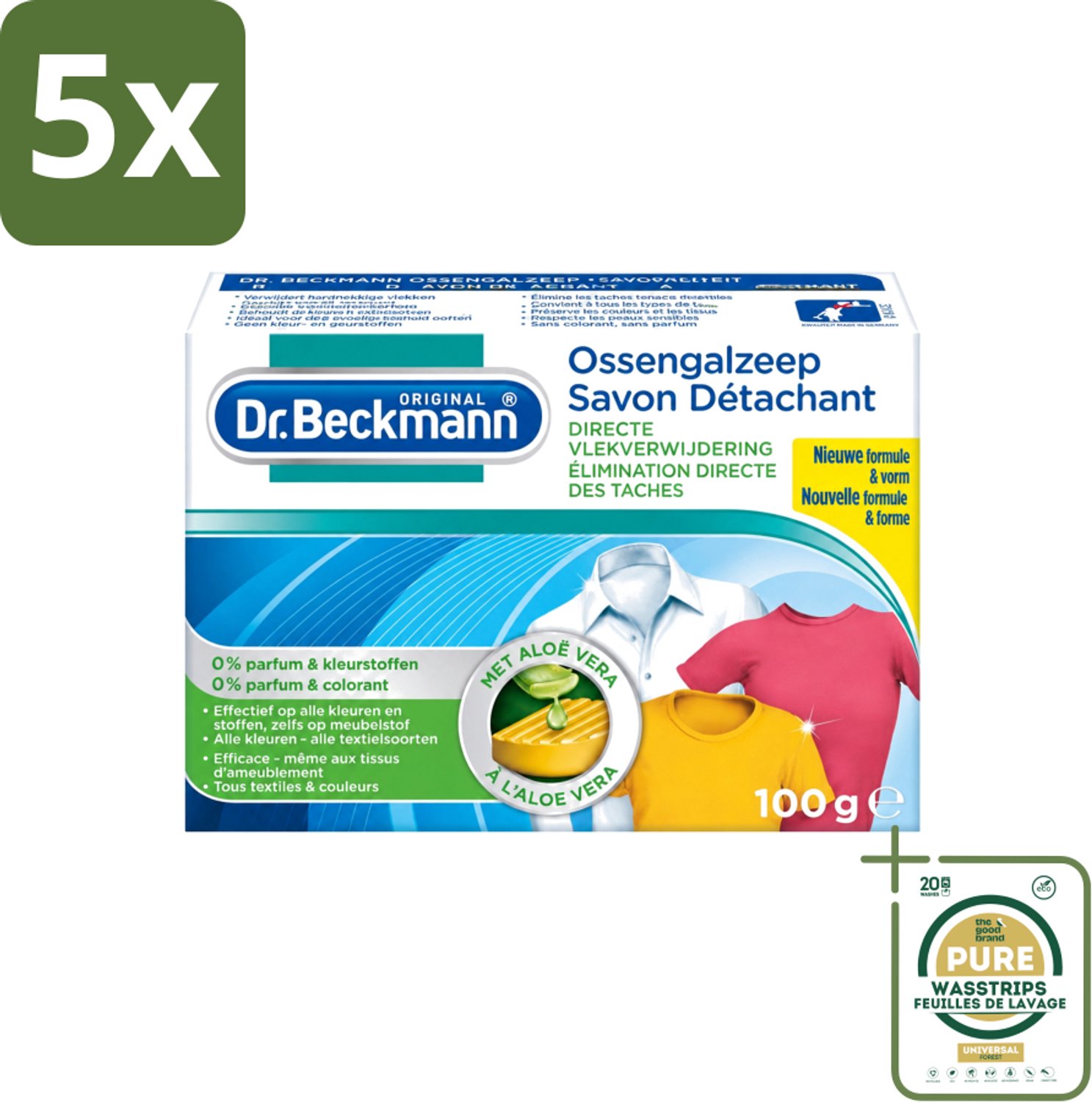 5 x Dr.Beckmann - Vlekkenverwijderaar - Ossengalzeep Met Aloë Vera - Witte en Gekleurde Was - 100g - Wasstrips - Vlekkenverwijderaar - Textiel Reinigen - Tapijt Reinigen - Meubel Reinigen - Aloë Vera