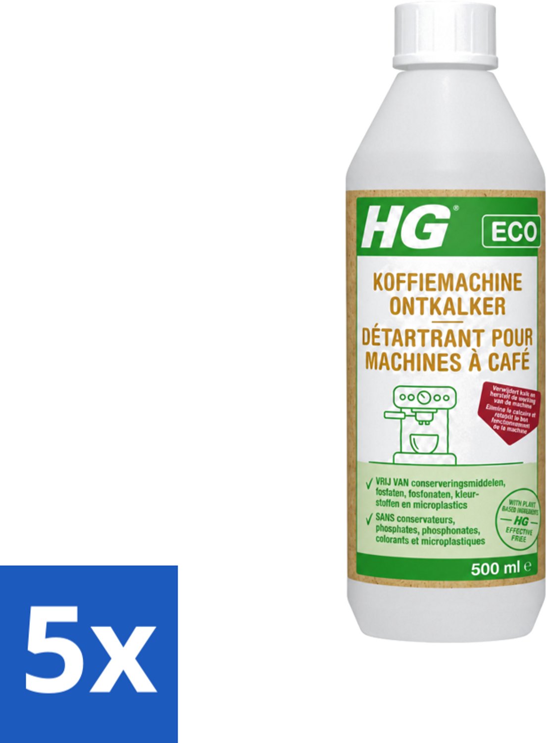 5 x HG ECO - Koffiemachine Ontkalker - Op Basis Van Citroenzuur - 6 Reinigingsbeurten - 500 ml - Voordeelverpakking - 5 stuks