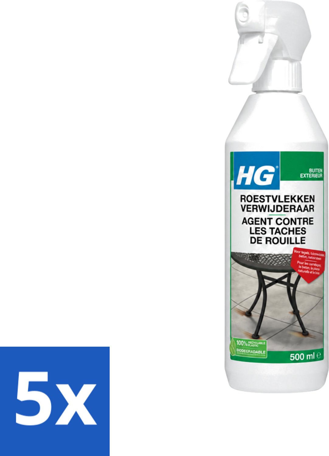5 x HG - Roestvlekkenverwijderaar Spray - Verwijdert Eenvoudig & Veilig - Zuurvrij - 500 ml - Voordeelverpakking - 5 stuks