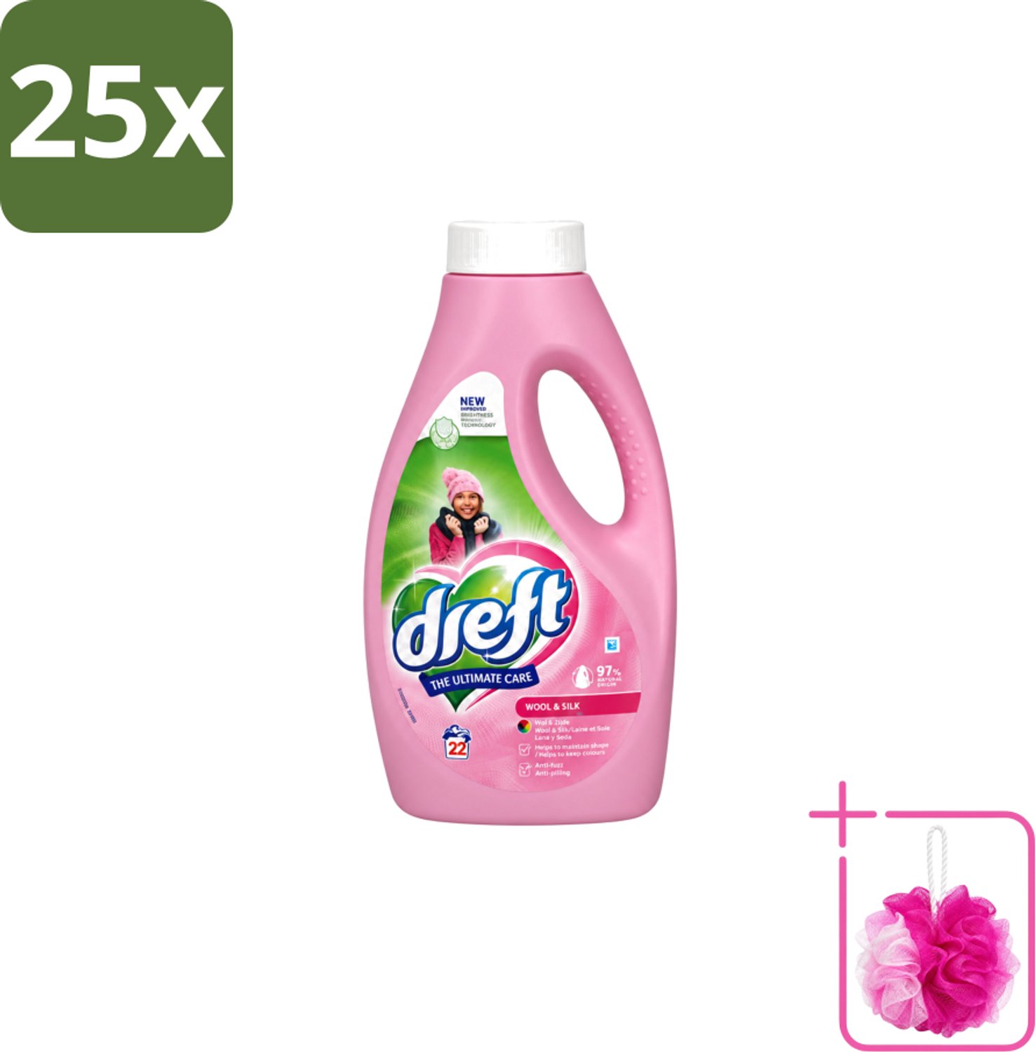 25 x Dreft – Vloeibaar Wasmiddel – Wol & Zijde – 22 Wasbeurten - Bulkverpakking - Wol en zijde wasmiddel - Douchemop - Zachte wasmiddelen