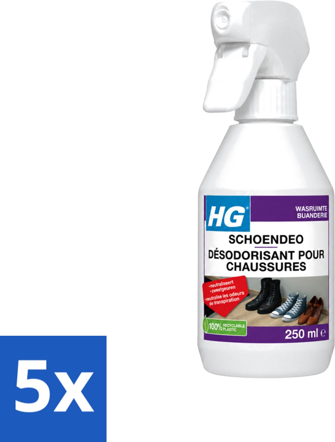 5 x HG - Schoendeo - Neutraliseert Zweetgeuren - Gemakkelijk in Gebruik - 250 ml - Voordeelverpakking - 5 stuks