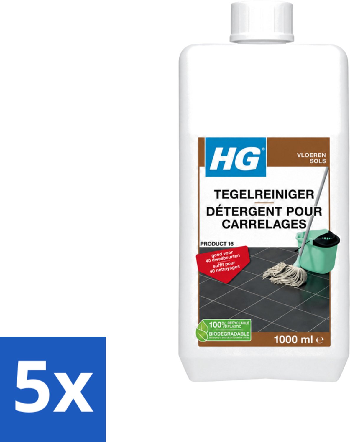 5 x HG - Vloeren - Tegelreiniger - 40 Dweilbeurten - 1L - Voordeelverpakking - 5 stuks