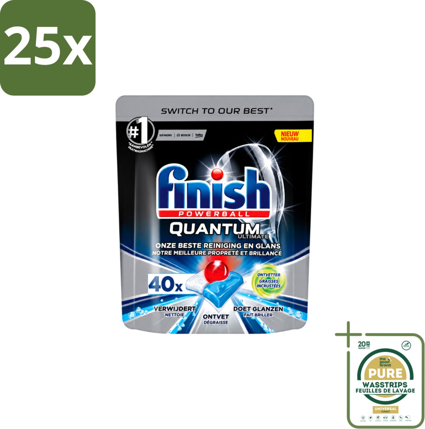 25 x Finish Powerball - Quantum Ultimate - Vaatwastabletten - Ontvetter - 40 Tabletten - Wasstrips - Vaatwasmiddel - Vaatwastablet - Ontvetter - Vaatwasser - Vetverwijdering