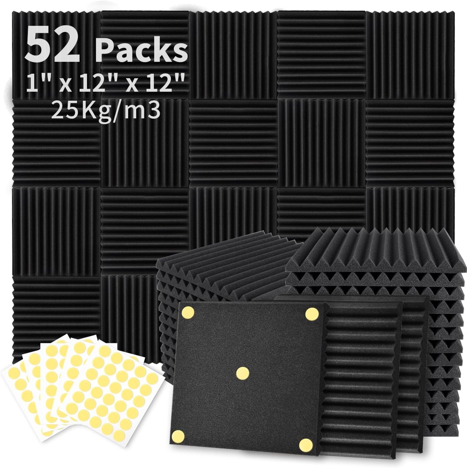 52 stuks akoestische schuimpanelen 1 "x 12" x 12" geluiddichte schuimpanelen, geluidsisolatie, ruisonderdrukkende wigpanelen voor thuiskantoor, hercoderen studio met 270 stuks dubbelzijdige