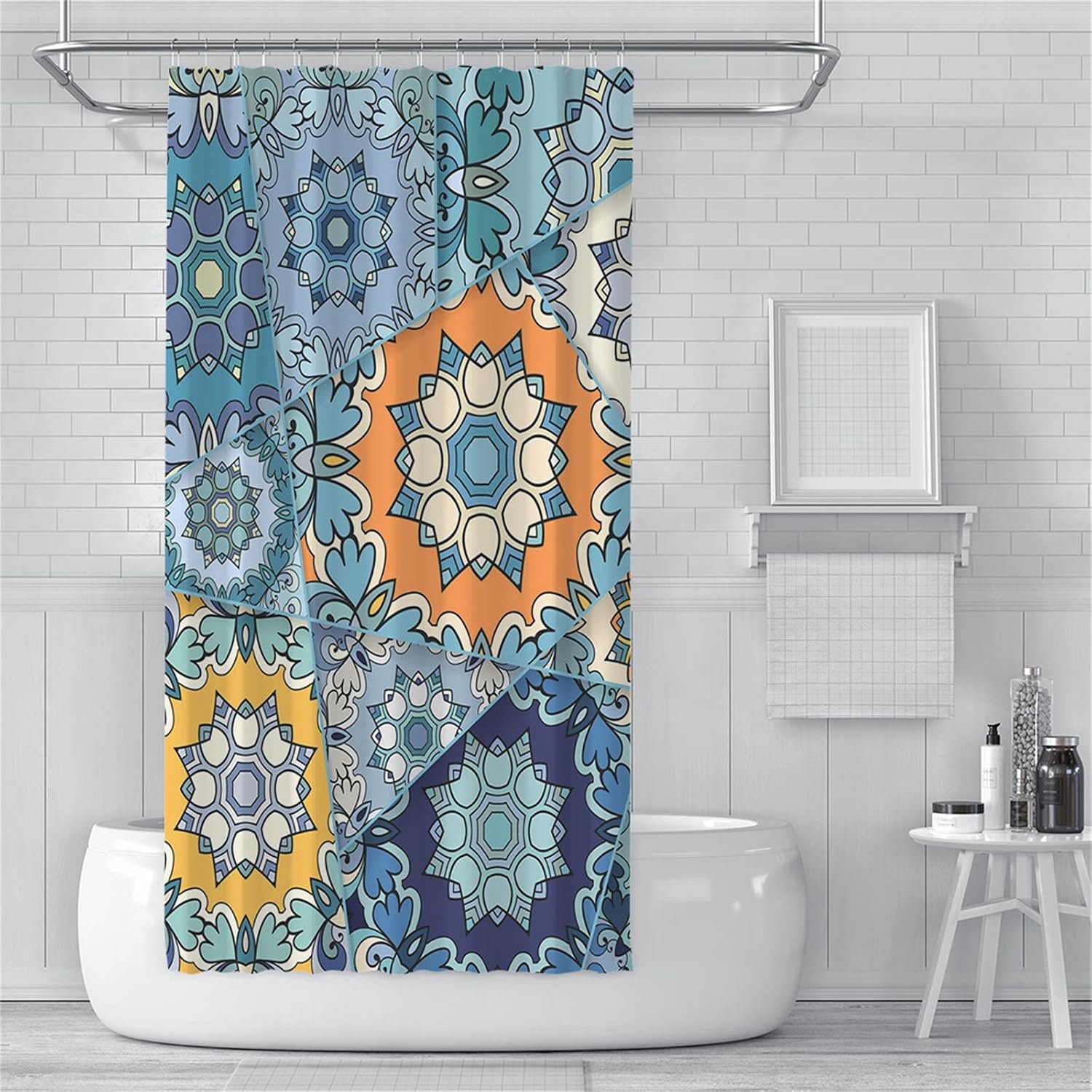 Douchegordijnen, schimmelbestendig, waterdicht, wasbare badkamergordijnen, gewogen badgordijnen met haken, 3D tuin buitendouchribbel blauw geel Boho