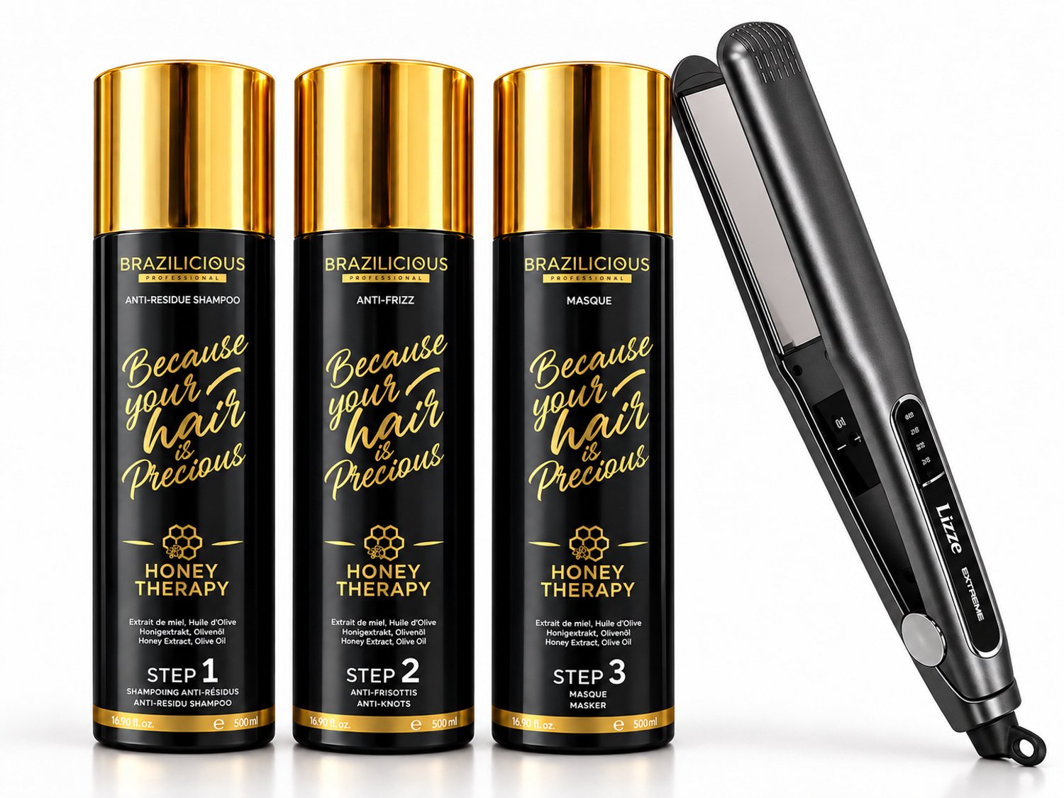 Brazilicious Honey Therapy Professional Keratin Set 3x500 ml + Lizze Extreme Stijltang – Complete Anti-Frizz & Hair Smoothing Treatment voor Glanzend, Glad en Verzorgd Haar