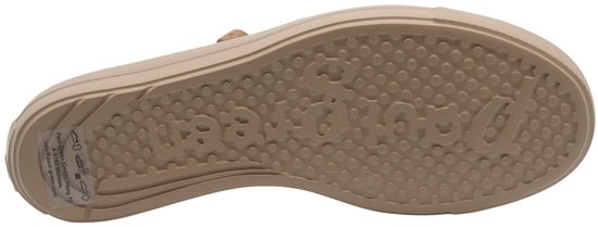 Onderkant van de zool van een Paul Green sneaker in beige met een stippenpatroon en ingedrukt merkopdruk.