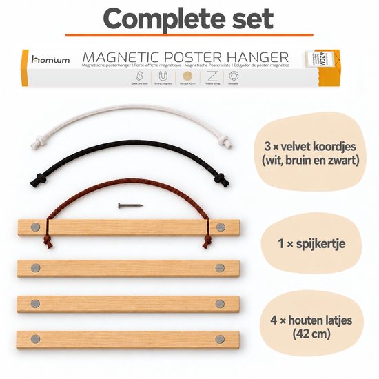 Complete set met vier houten latten, drie gekleurde koordjes en een spijkertje.