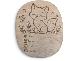 Geboorte Invulbordje Hout – Houten Geboortebordje Baby Vos – Naam, Datum, Tijd & Gewicht – Kraamcadeau