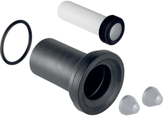 Geberit aansluitset met zwarte afvoerbuis, witte inlaatbuis, zwarte rubberen ring en twee grijze dopjes.