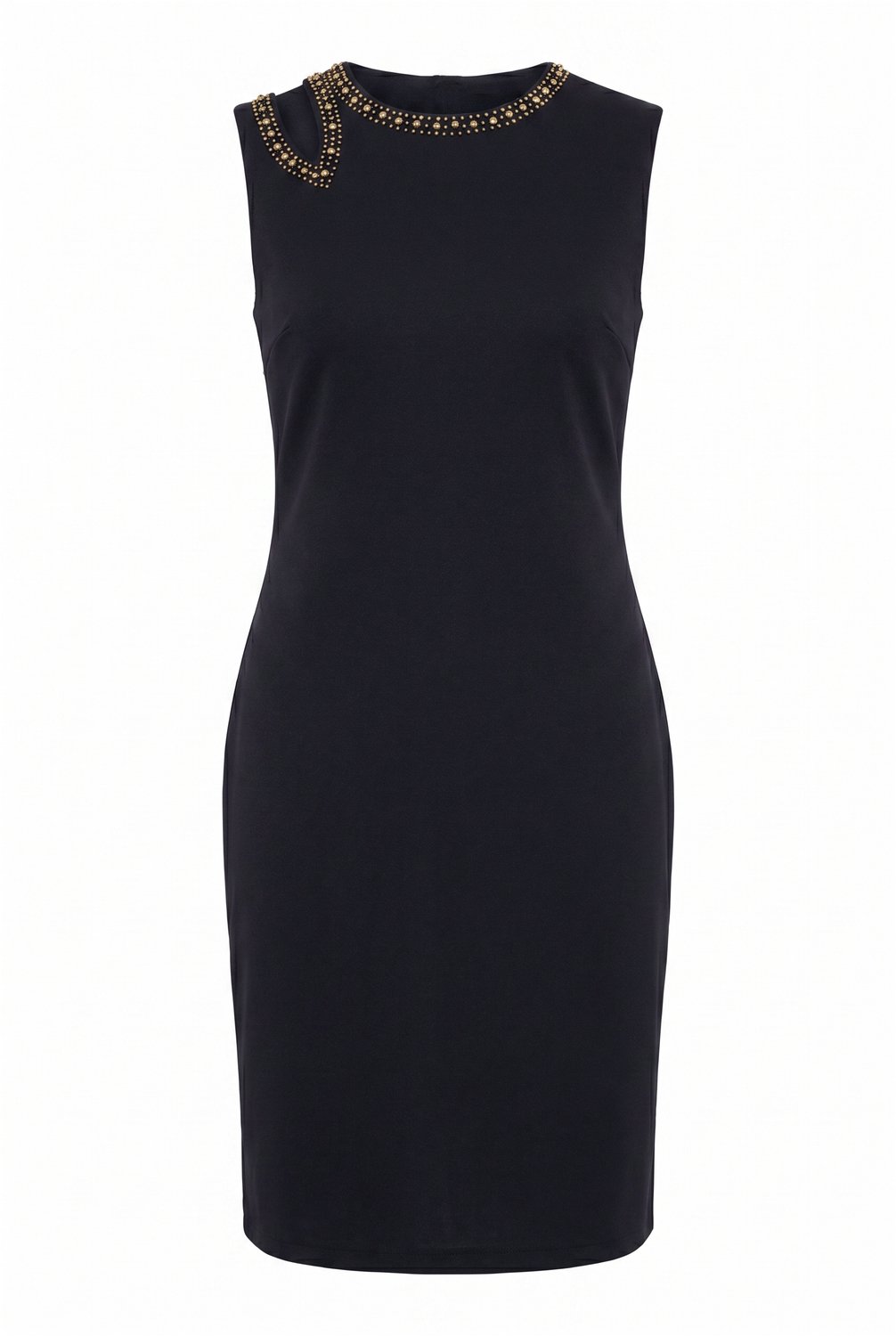 Ulla Popken - Dames - Scuba jurk sierstenen slim fit ronde hals mouwloos - Zwart - Maat 50