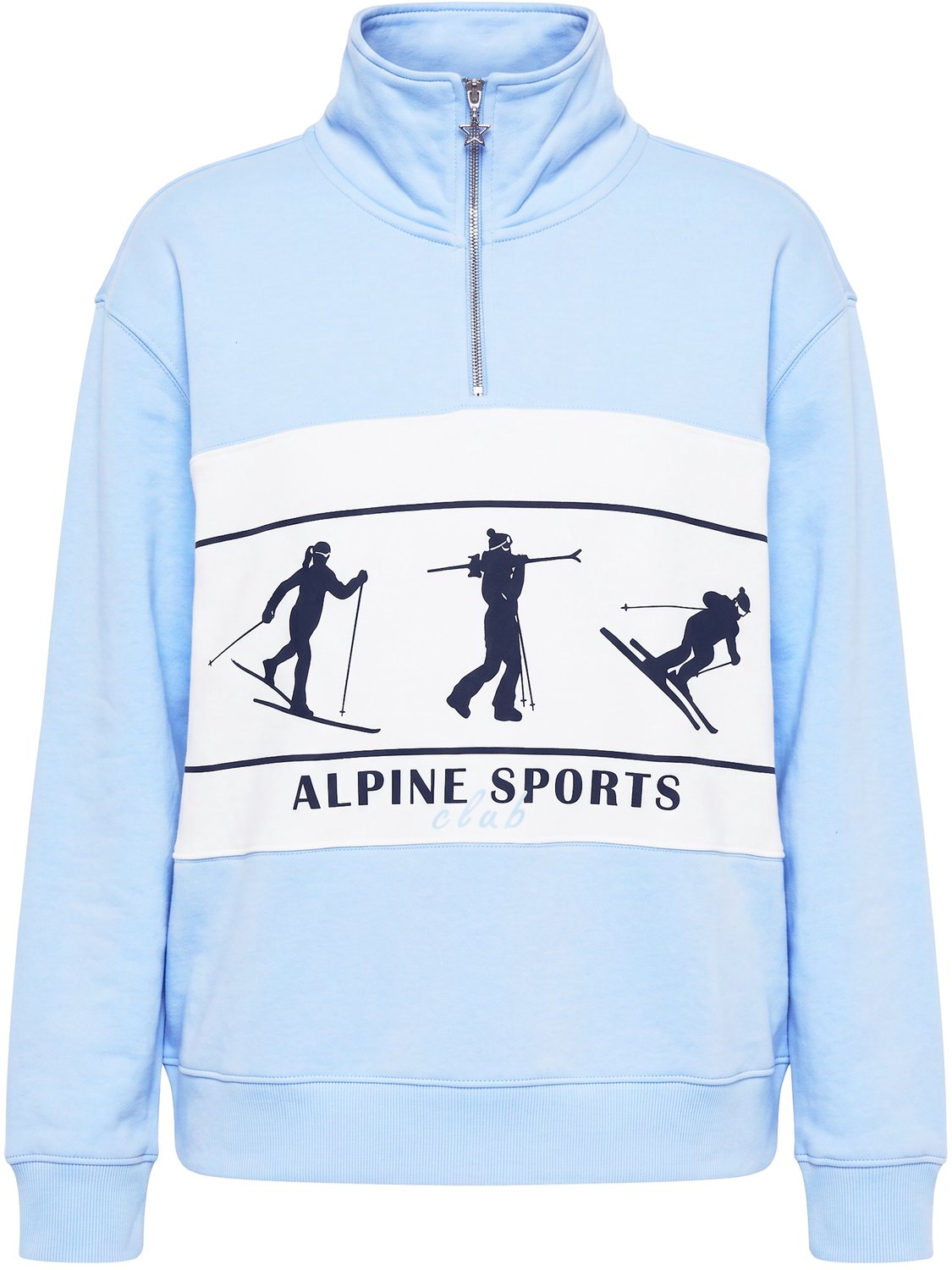 Ulla Popken - Dames - sweatshirt ski-motieven oversized troyerkraag lange mouwen - Lichtgrijs blauw - Maat 58+