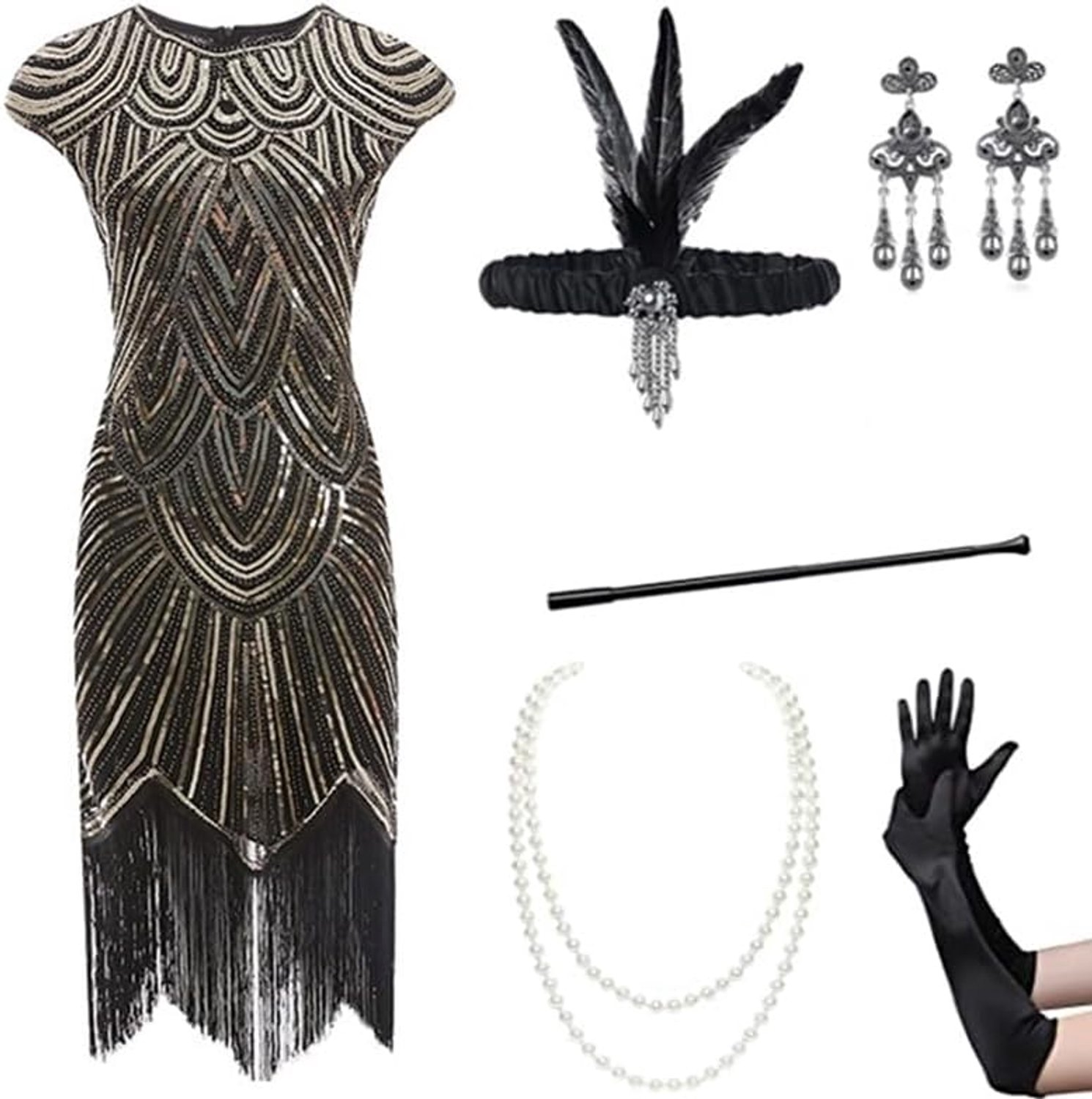 Flapperjurk voor dames, jaren 20 met pailletten, pailletten, parels, franjes, met accessoireset van 20