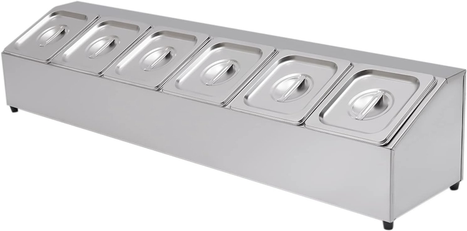 Dish Buffet Set 6-voudige levensmiddelen-kruidendispenser met deksel, 104 x 22,5 x 22 cm, roestvrij staal, buffetserver voor buffetten, hotel, ontbijtruimtes, catering, feesten