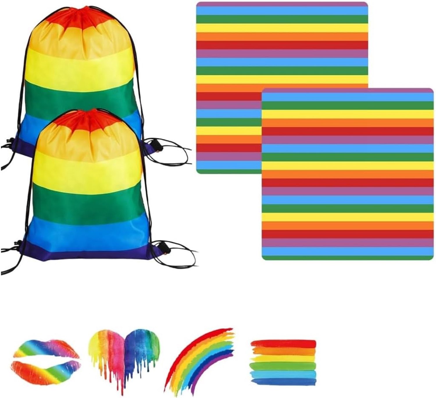 Trekken touw tas, Draagtas Set – 2 Trekzakken + 2 Sjaals + 4 Trots Stickers – 34x42 cm + 54x54 cm – Felgekleurde Accessoires voor Trots Evenementen