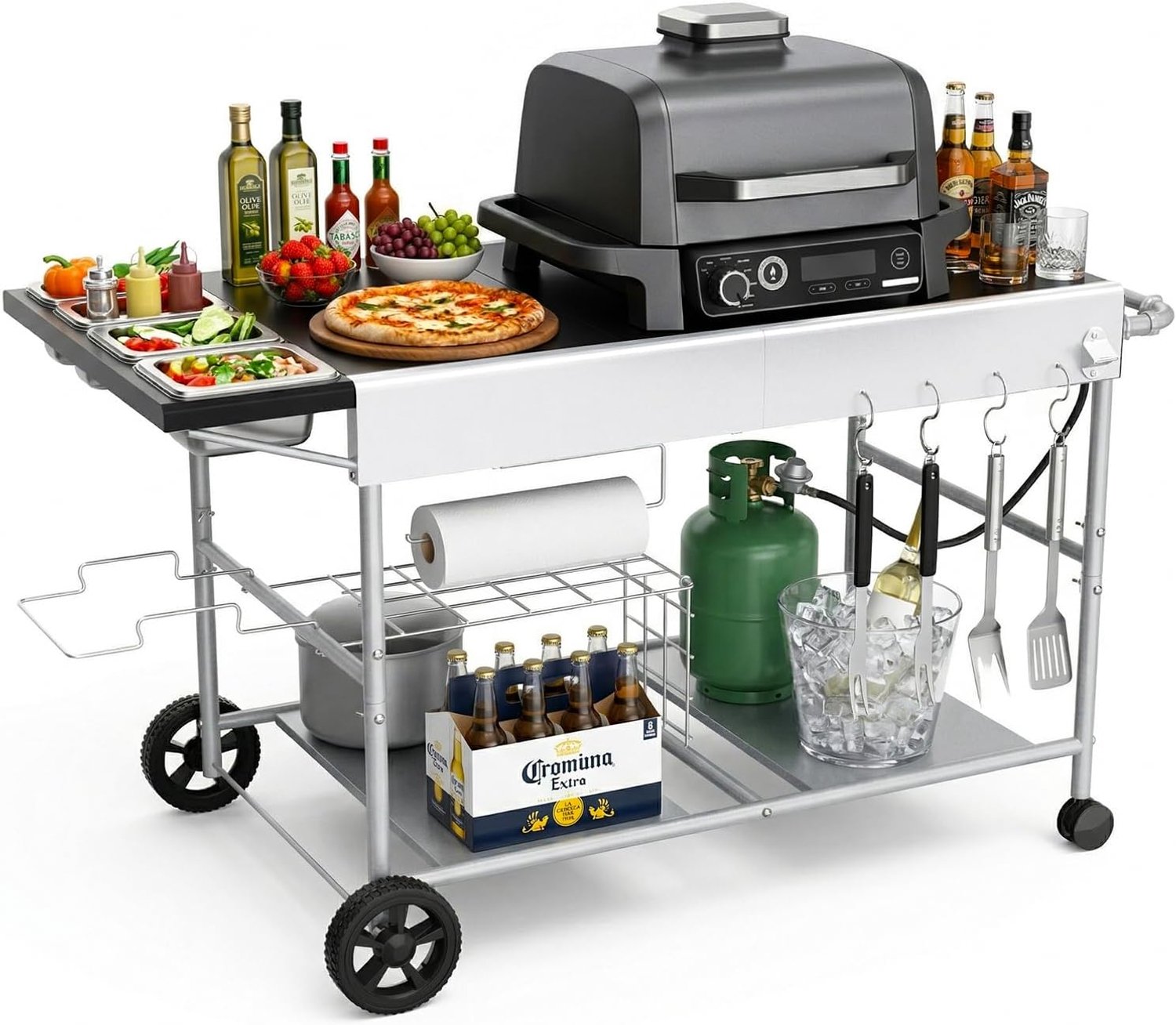 128 x 66 x 78 cm Grillwagen voor Weber Q-serie, Ninja Woodfire, pizzaoven, tafelgrill, pizzaoven, serveerwagen met groot werkblad, outdoor grilltafel, keukenwagen, grillstandaard
