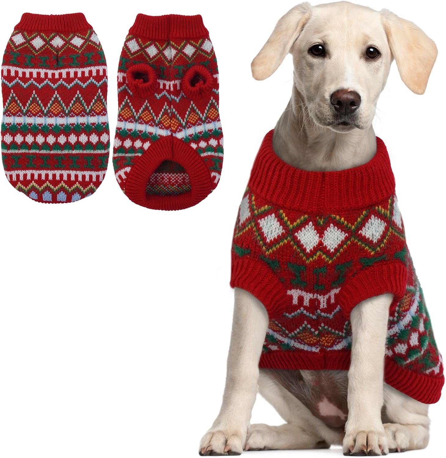 Hondentrui in boho-stijl, gebreide kersttrui met riemgat, dikke warme winterkleding voor Pit Bull Lean Lab, poinsettia, XXL