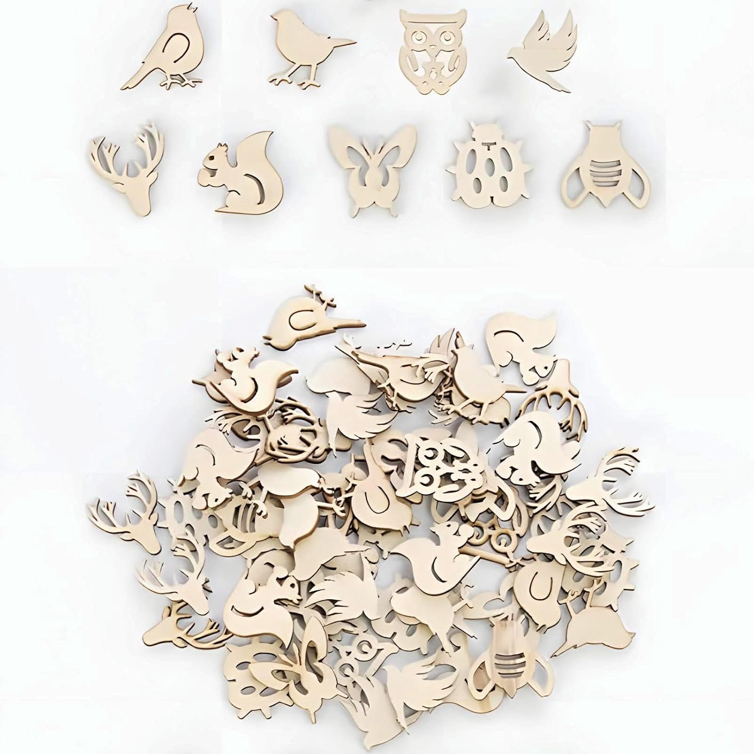 150 stuks houten bos, dieren, vormen, schijven, houten schijven, houten stukken, tafeldecoratie, doe-het-zelf handwerk, versieringen