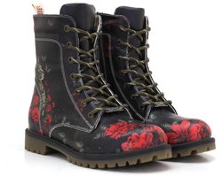 Goby Dames Veterboots – Damesboots – Rode Rozenprint – Rits- en Vetersluiting – Handgemaakt Vegan Leer – Maat 36
