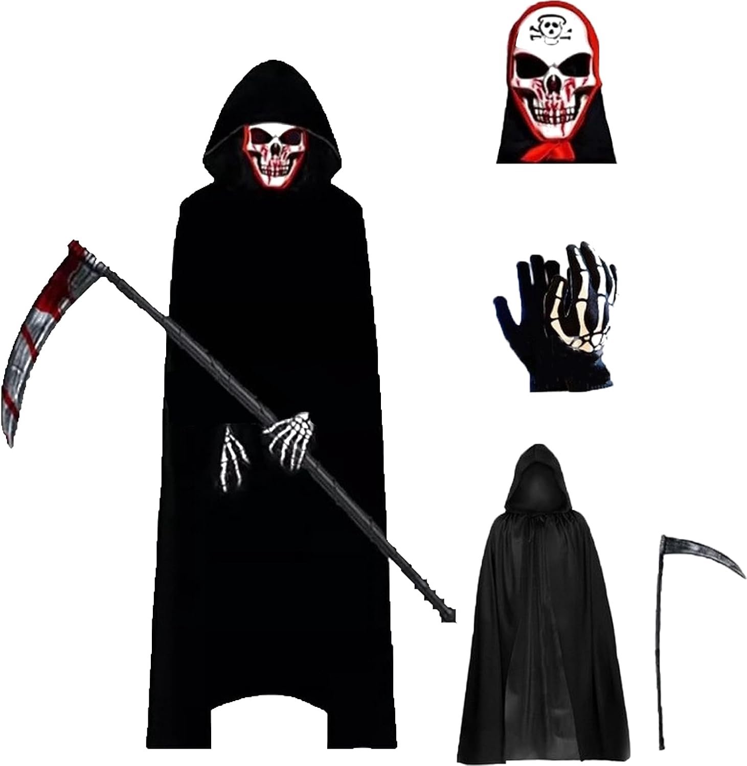 Halloweenkostuum voor volwassenen en kinderen, halloweenkostuum, Magere Hann-cape met zeis, schedelmasker, handschoenen, doodshoofd voor Halloween, carnaval, cosplay, uniseks, C, volwassene