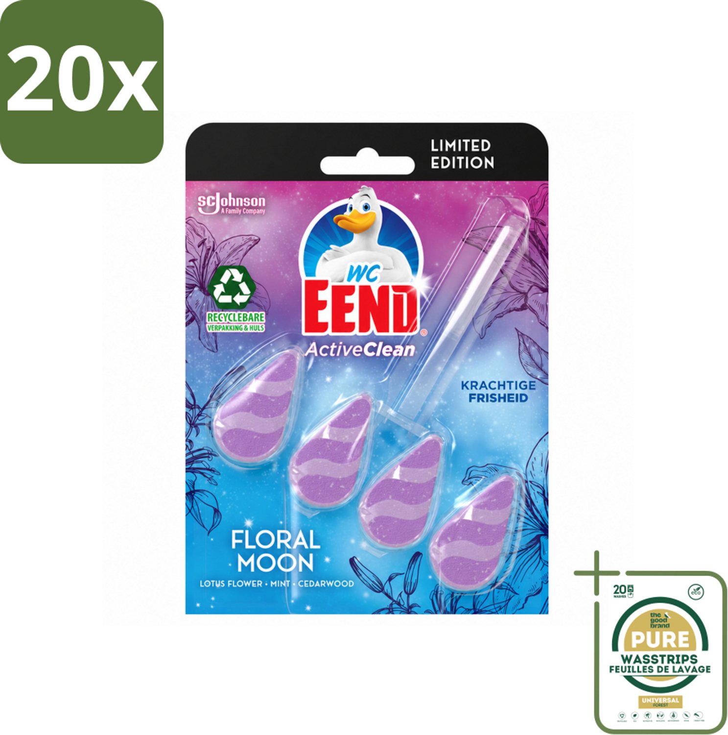 20 x WC Eend - Active Clean Floral Moon - Toiletblok - Lotus, Munt & Cederhout Geur - 38 gr - Wasstrips - Toiletblok - Toiletgeur - Actieve Reiniging - Frisheid - Bloemige Geur