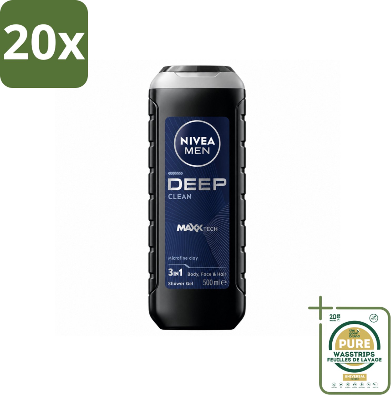 20 x NIVEA MEN - Douchegel - Deep Clean 3-in-1 - 500 ml - Wasstrips - Douchegel - Diepe Reiniging - Microklei - Mannelijke Geur - Gezicht En Haar Reinigen