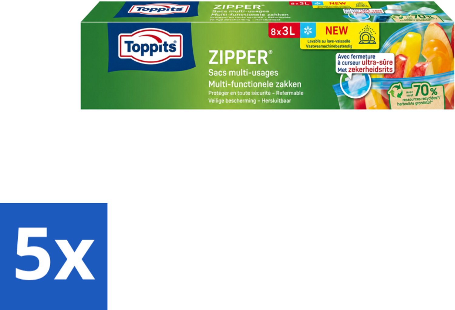 5 x Toppits – Zipper Multifunctionele Zakken – 3 Liter – 8 Zakjes - Voordeelverpakking - 5 stuks