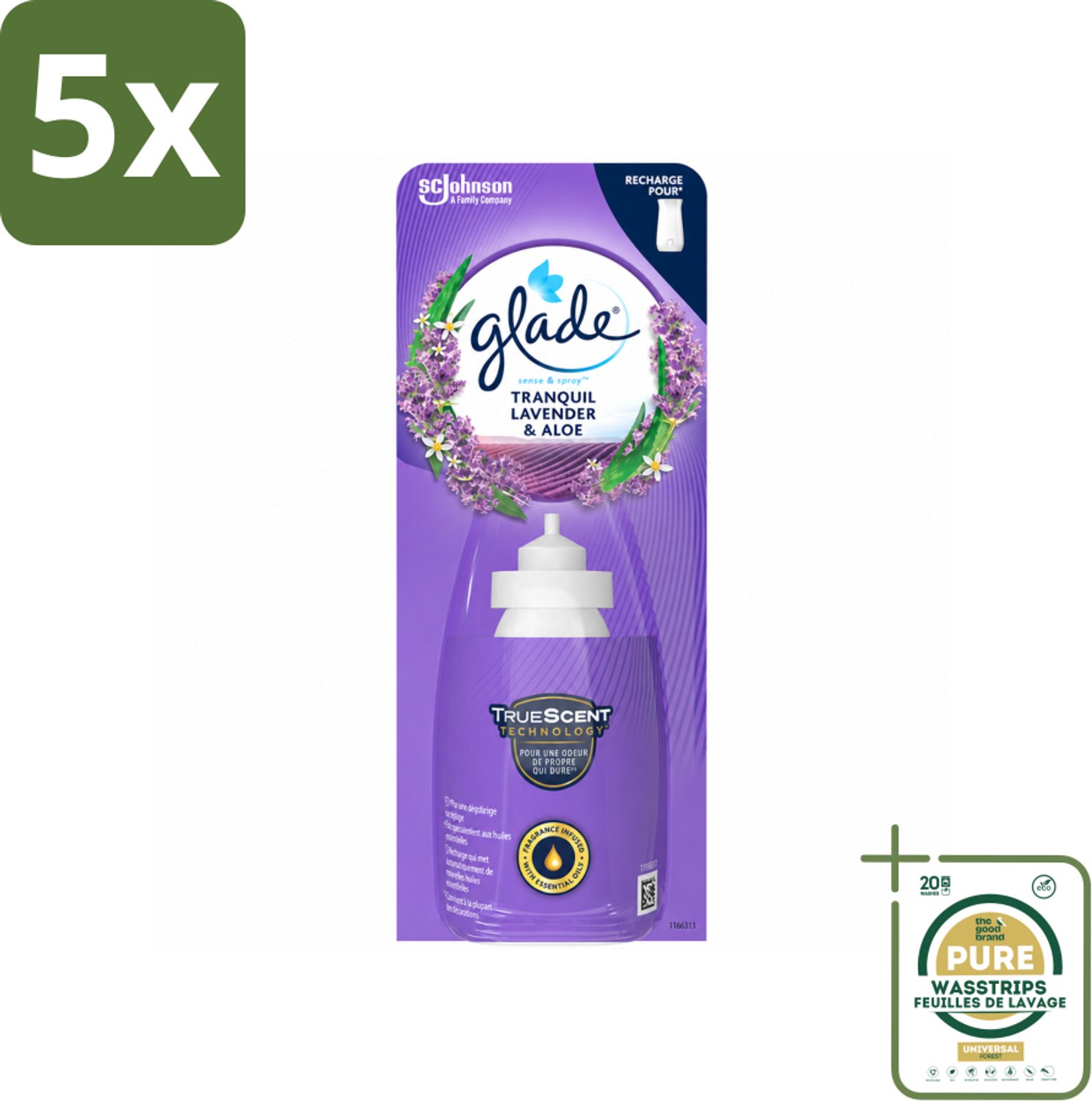 5 x Glade - Sense & Spray Navulling - Tranquil Lavender & Aloë - 18 ml - Wasstrips - Luchtverfrisser - Lavendel - Geur - Geurverspreiding - Geurhoudende Navulling