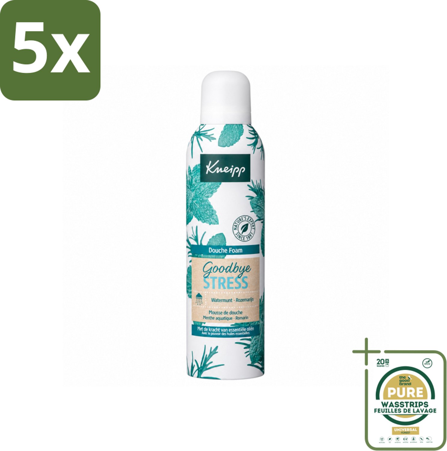 5 x Kneipp - Douche schuim - Goodbye Stress - Watermunt & Rozemarijn - 200 ml - Wasstrips - Douche Schuim - Stress Verlichten - Natuurlijke Geur - Verfrissend Schuim - Huid Verzorging